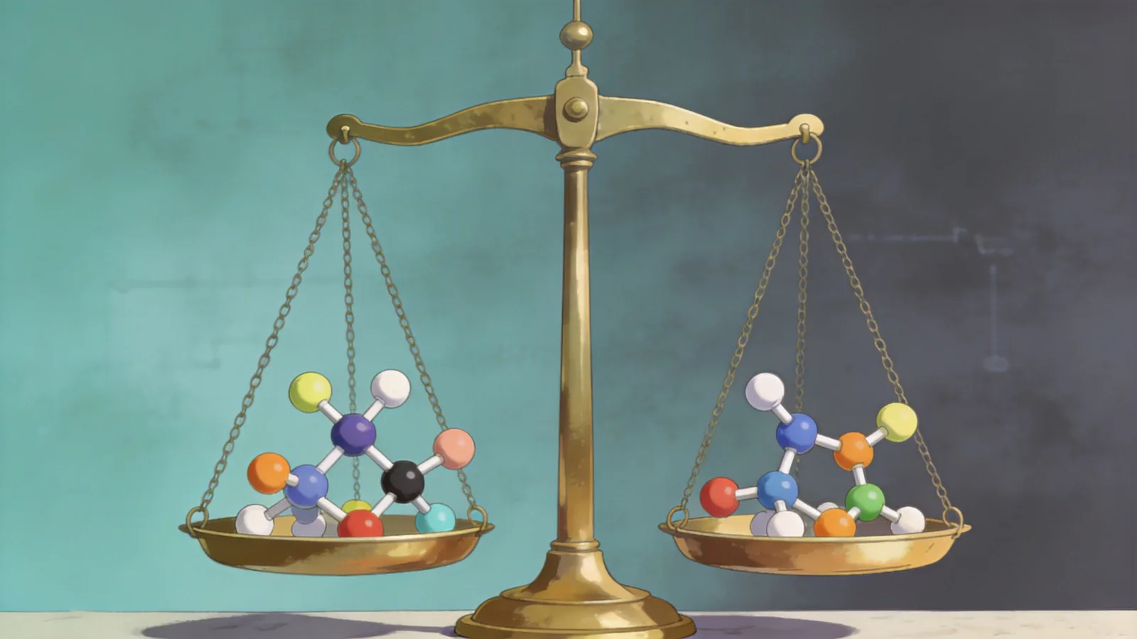 Molecular models on a balance scale representing a balanced chemical equation