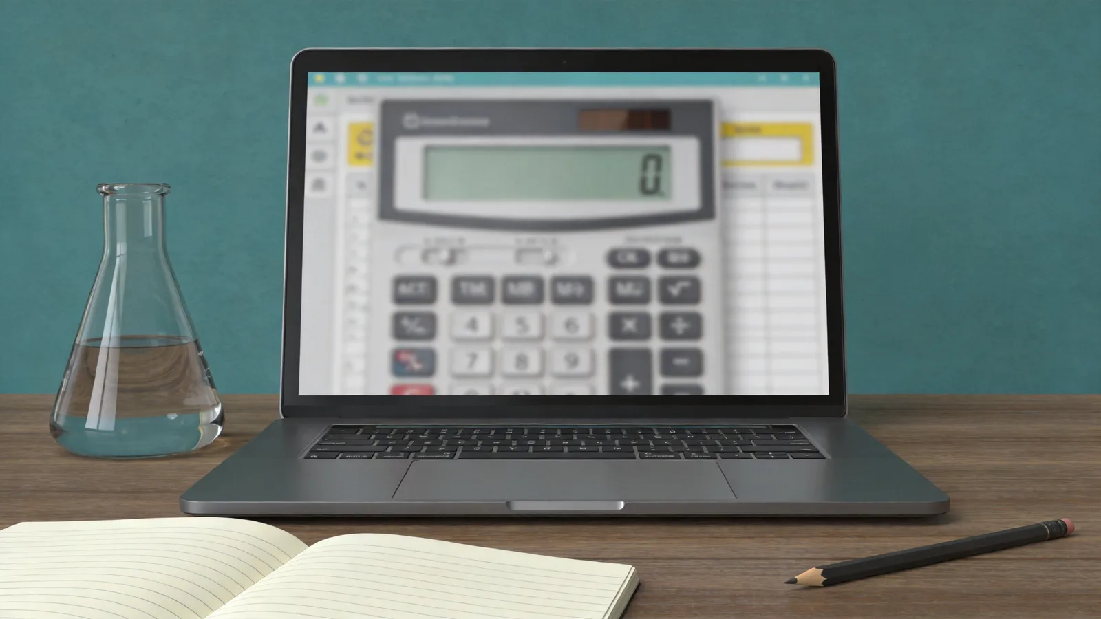 Laptop showing science calculators beside lab glassware and a notebook