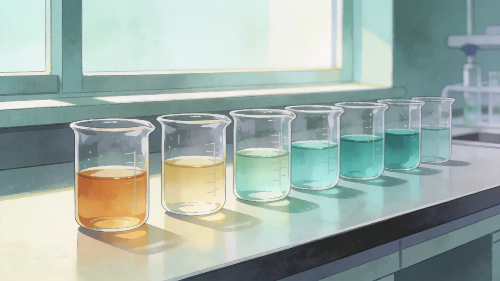 Acid–base lab glassware with a subtle color gradient suggesting a pH scale