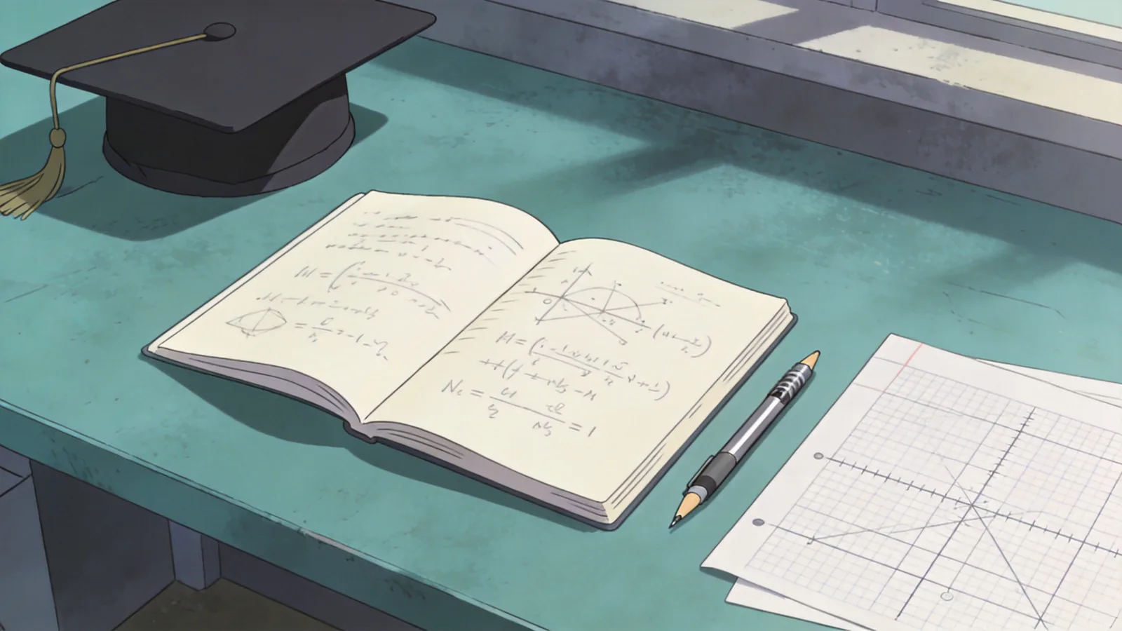 Physics GRE study notes, formulas, and practice sheets on a wooden desk