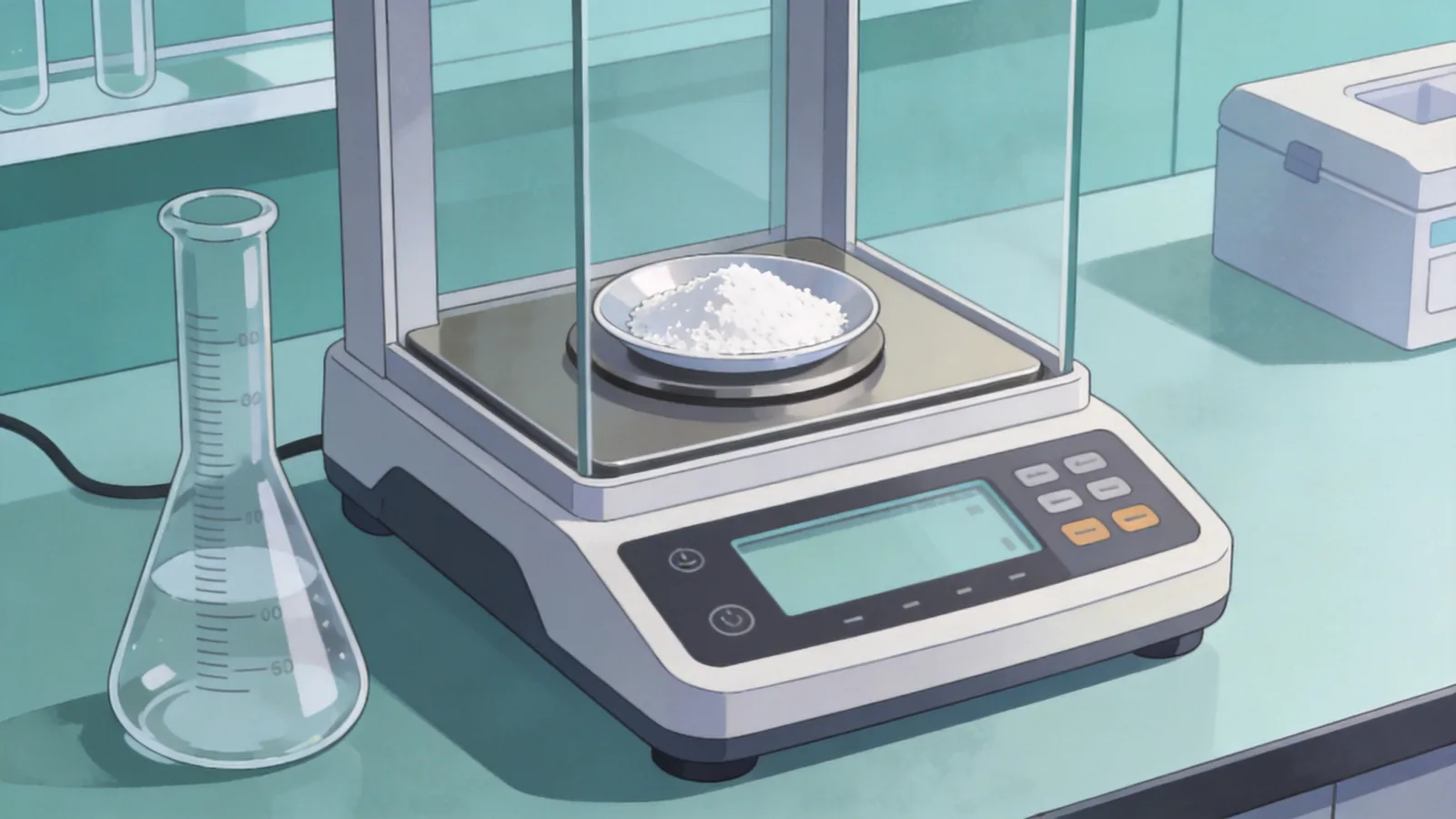 Analytical balance and powder sample for stoichiometric mass calculations